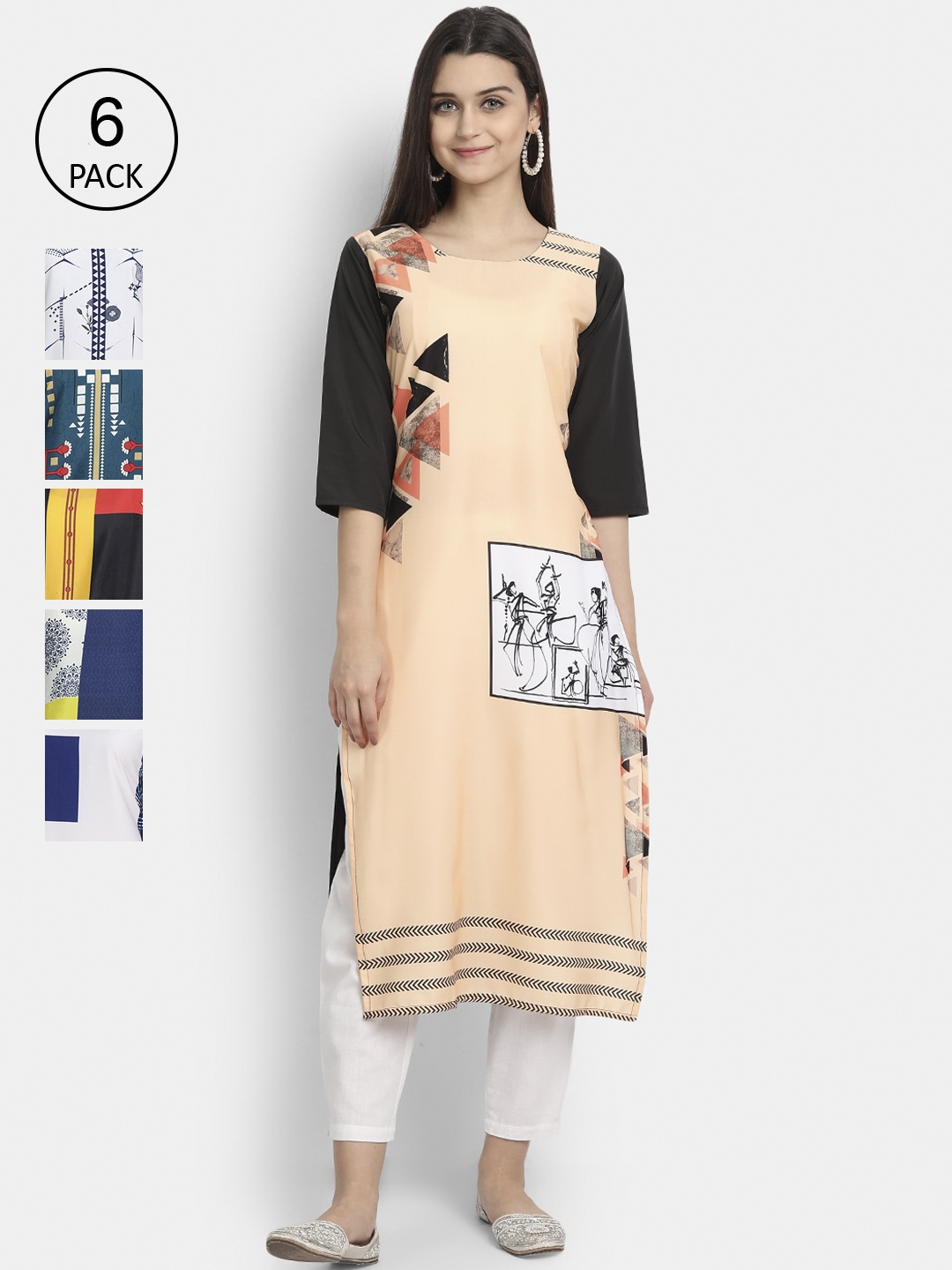 

7Threads Women Pack Of 6 Geometric Printed Patchwork Crepe Kurta, Peach