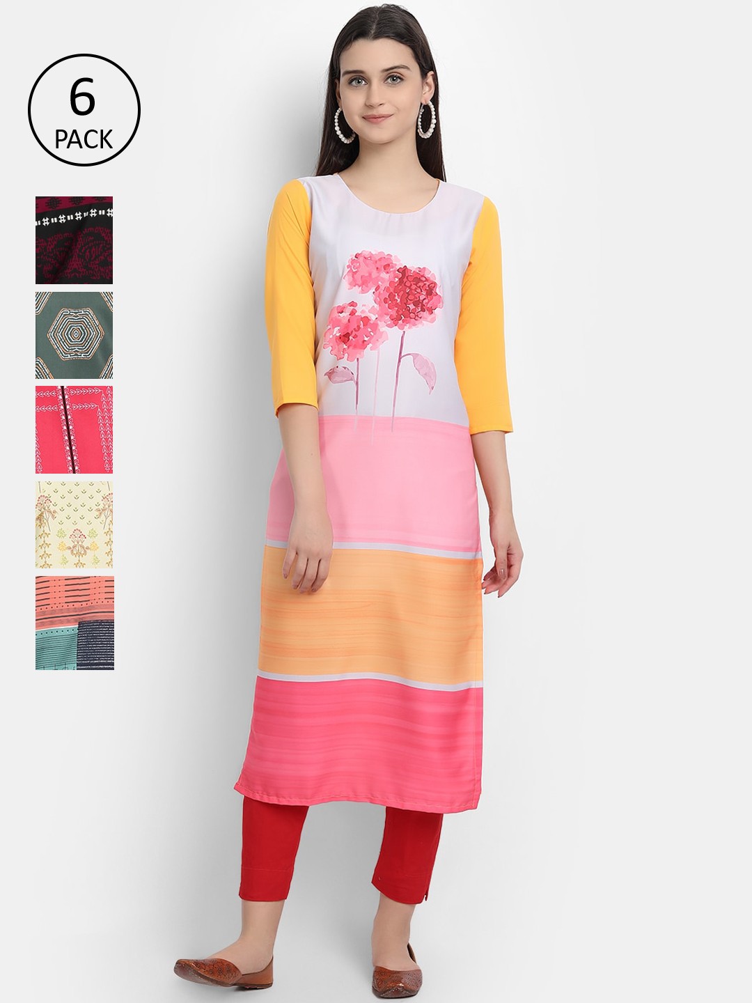 

7Threads Women Pack Of 6 Printed Crepe Kurtas, Pink