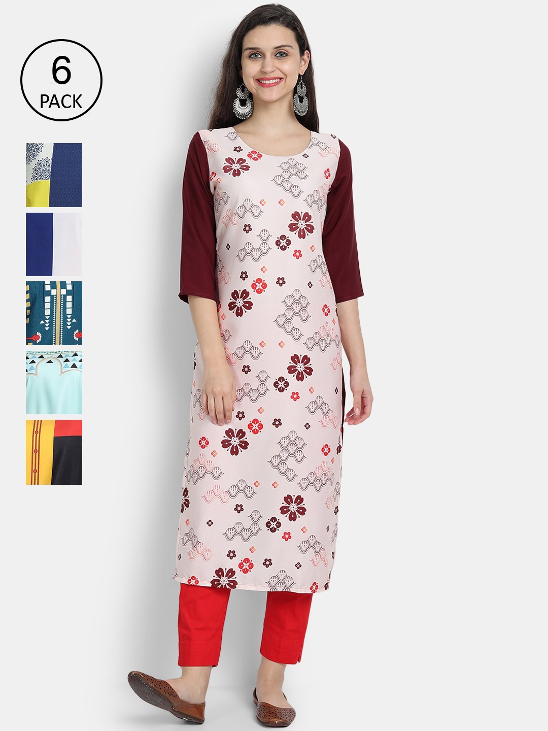 

7Threads Woman Pack of 6 Multicoloured Floral Printed Crepe Kurta, Multi
