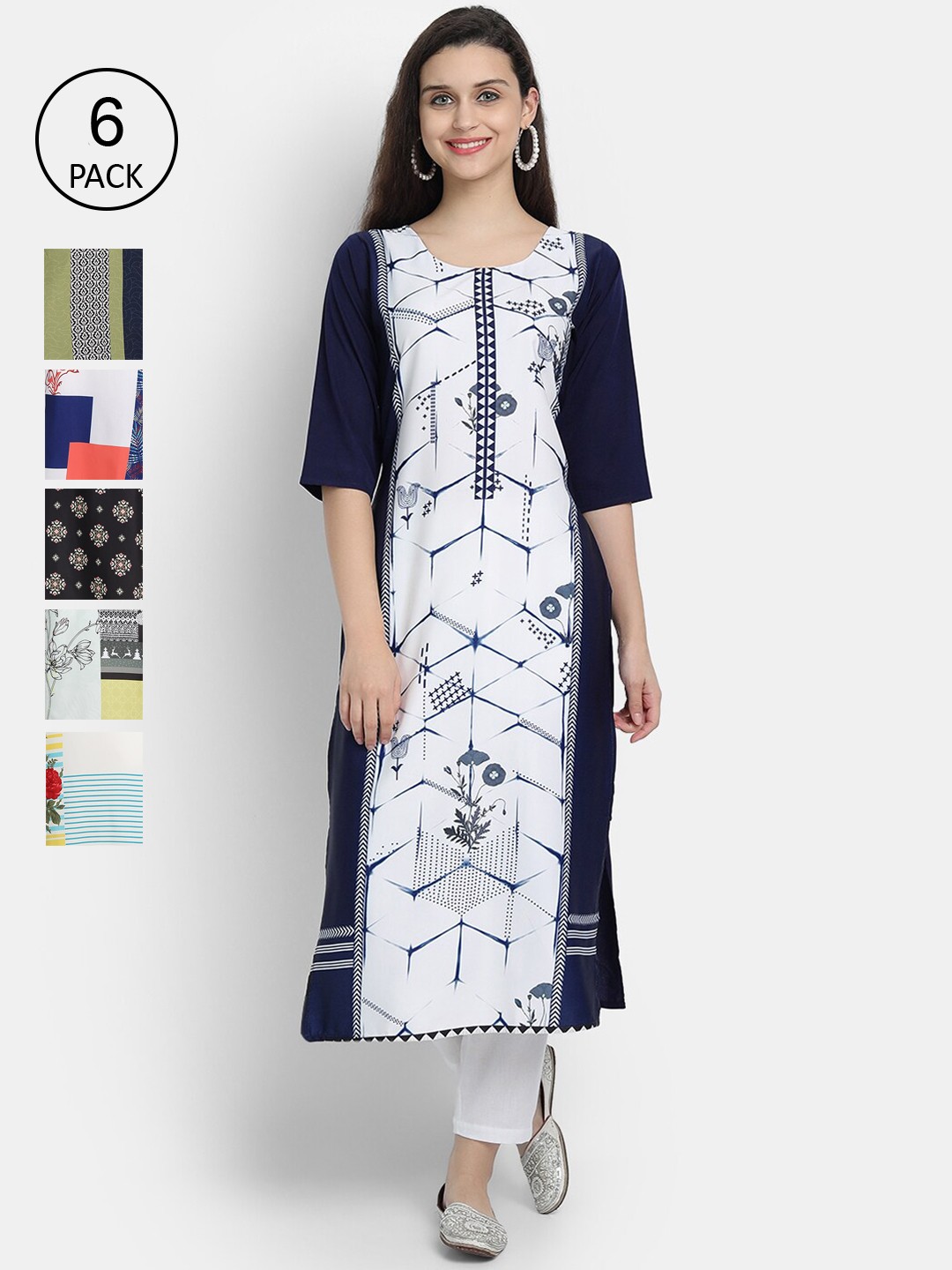 

7Threads Women Pack of 6 Printed Crepe Kurta, Multi