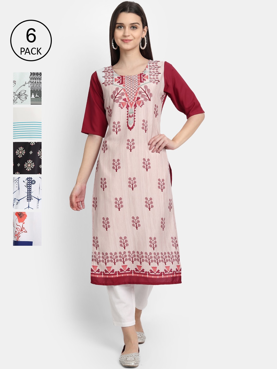 

7Threads Women Pack Of 6 Printed Crepe Kurta, Pink