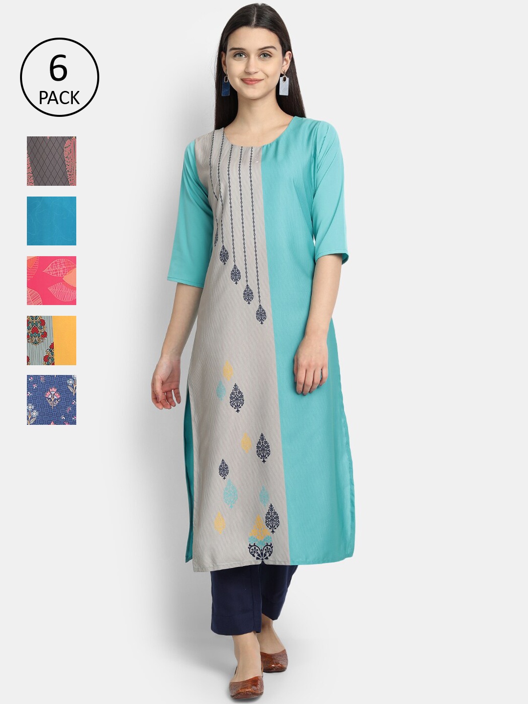 

7Threads Women Pack Of 6 Ethnic Motifs Printed Crepe Kurta, Blue
