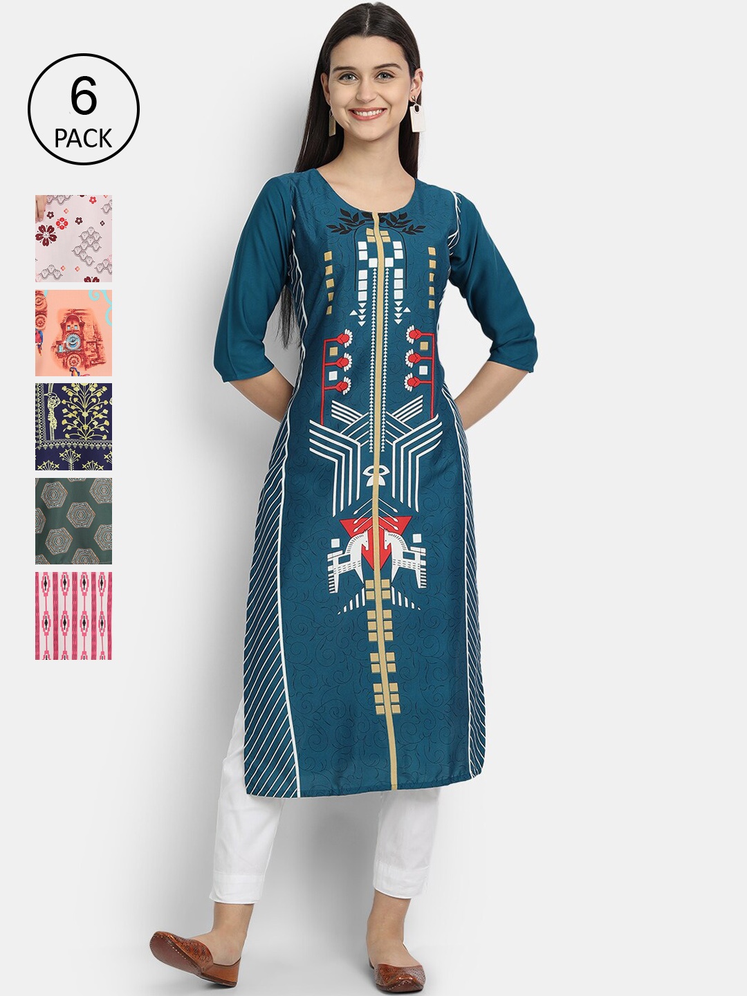 

7Threads Women Pack of 6 Floral Printed Crepe Kurta, Blue