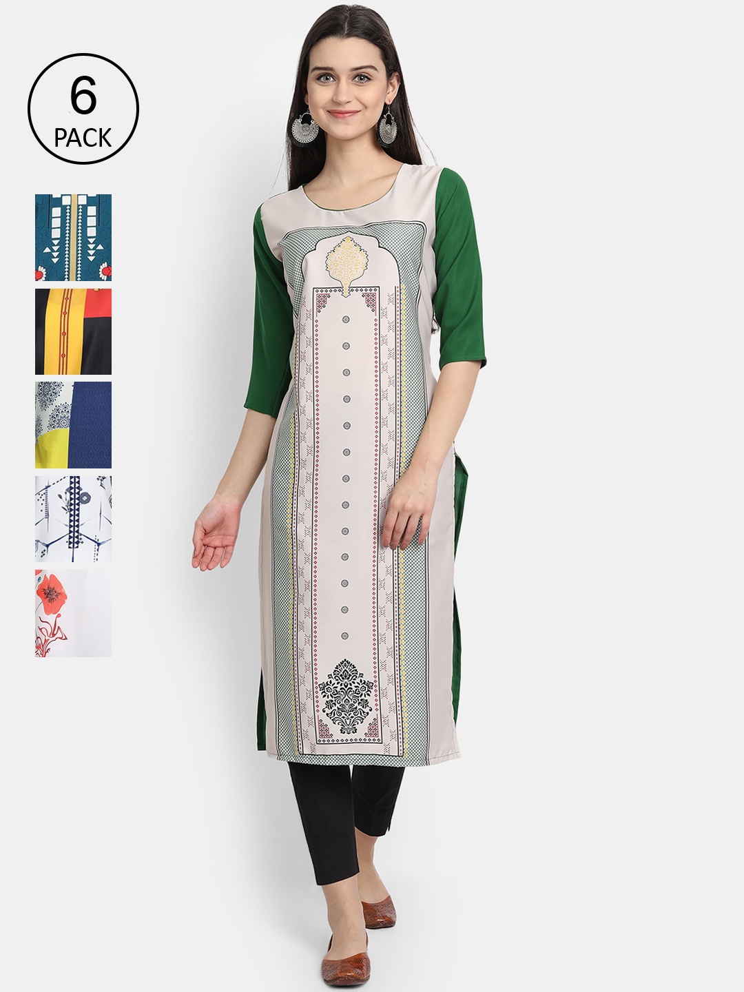 

7Threads Women Pack Of 6 Printed Crepe Kurtas, Beige