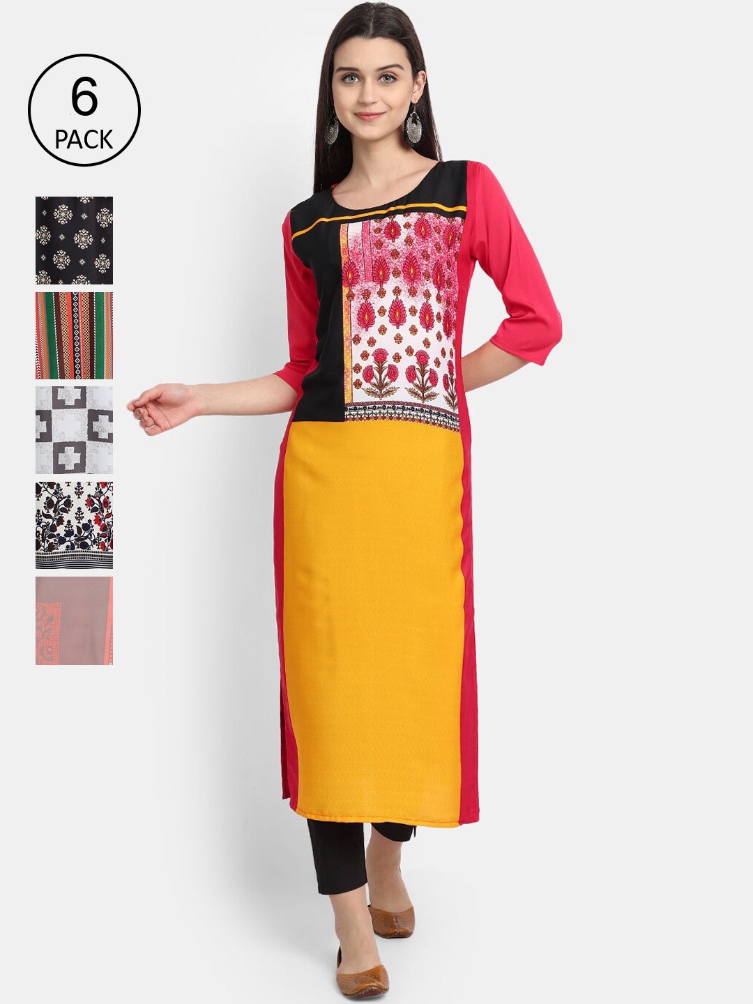 

7Threads Women Pack of 6 Multicoloured Printed Crepe Straight Kurtas, Multi