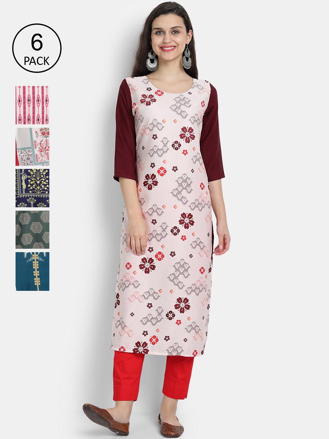 

7Threads Women Pack of 6 Printed Crepe Kurta, Multi