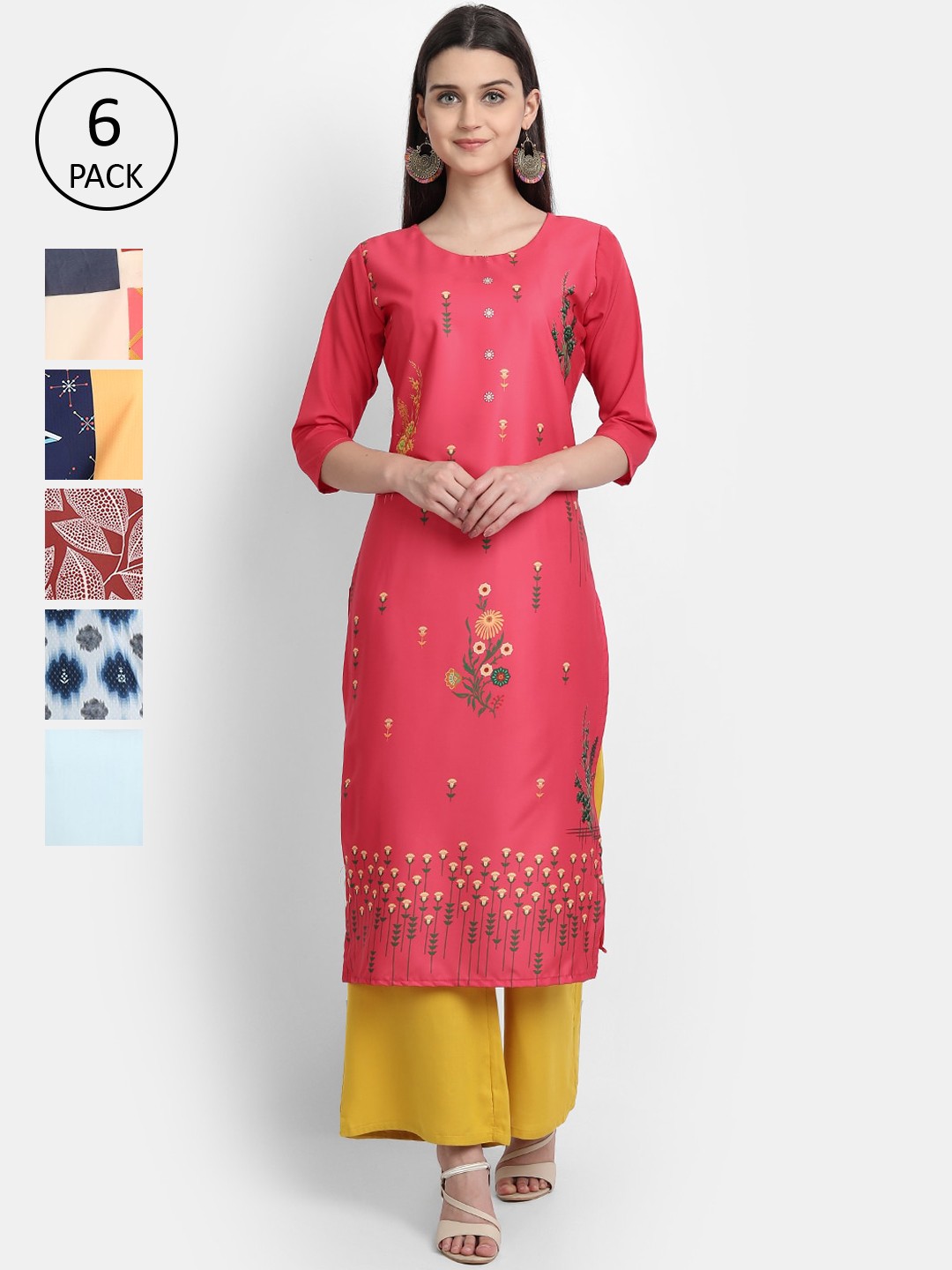 

7Threads Women Pack Of 6 Printed Crepe Kurta, Pink