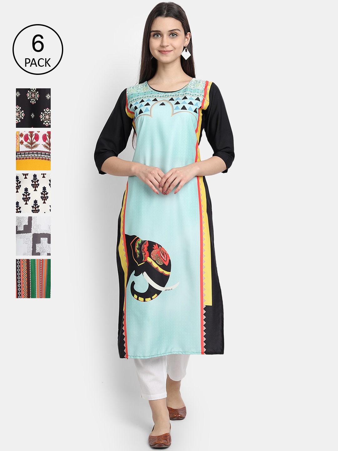 

7Threads Women Pack Of 6 Ethnic Motifs Printed Crepe Kurta, Blue