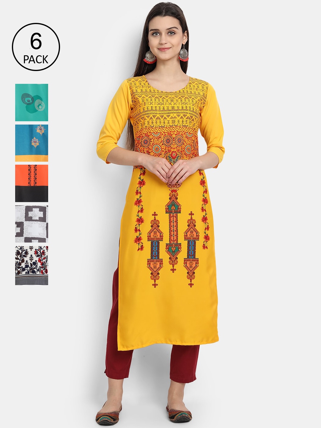 

7Threads Women Pack of 6 Ethnic Motifs Printed Crepe Kurta, Yellow