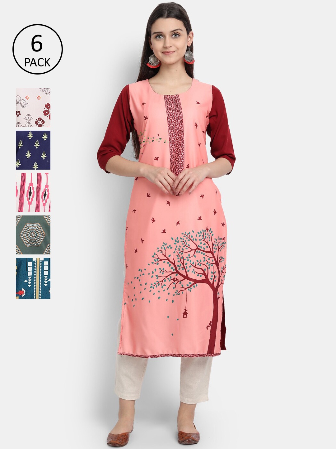 

7Threads Women Pack Of 6 Printed Crepe Kurtas, Pink