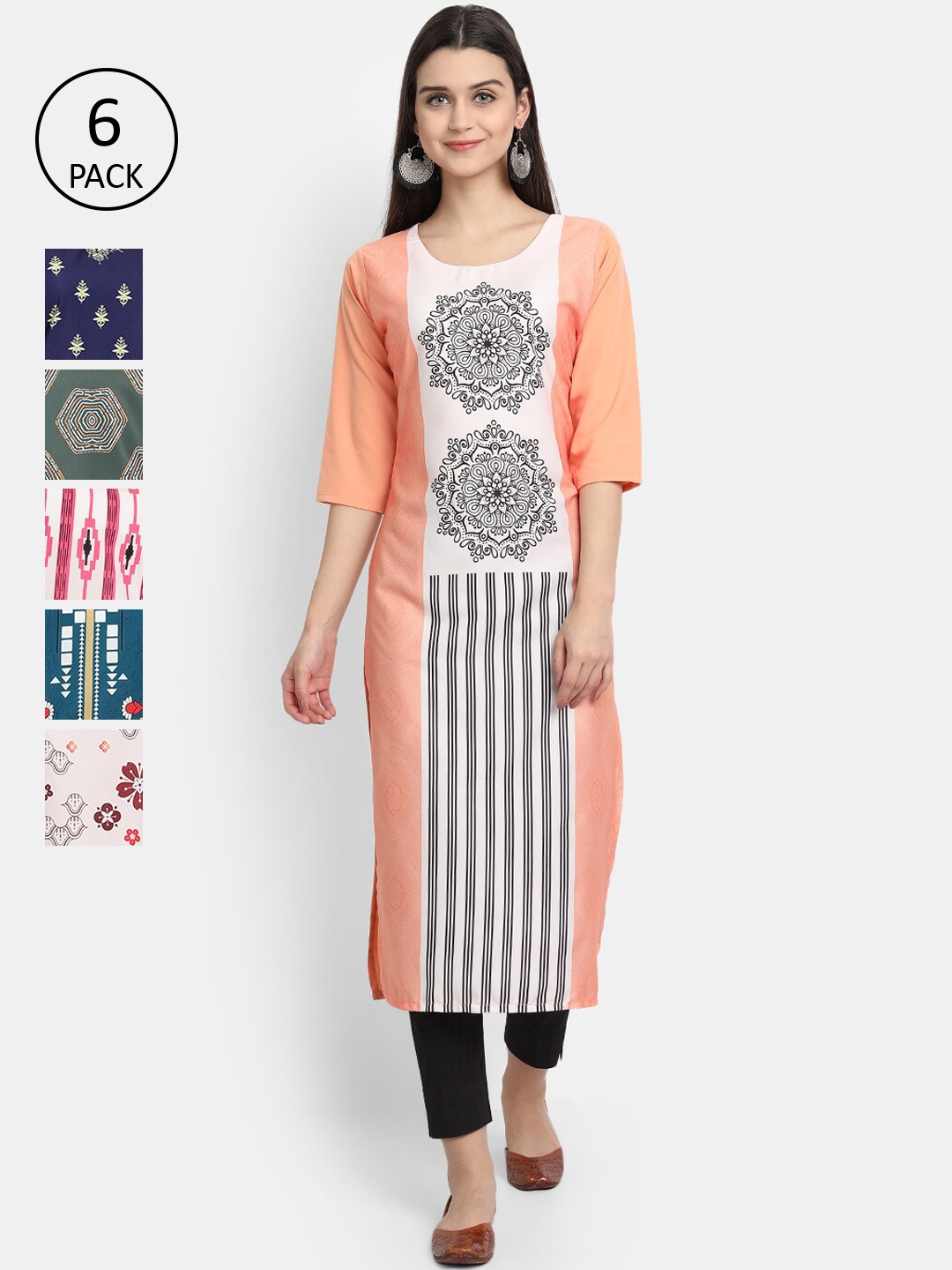 

7Threads Women Pack of 6 Multicoloured Printed Crepe Straight Kurtas, Multi