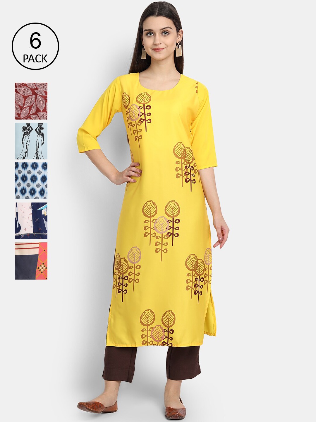 

7Threads Women Pack of 6 Printed Crepe Kurta, Multi