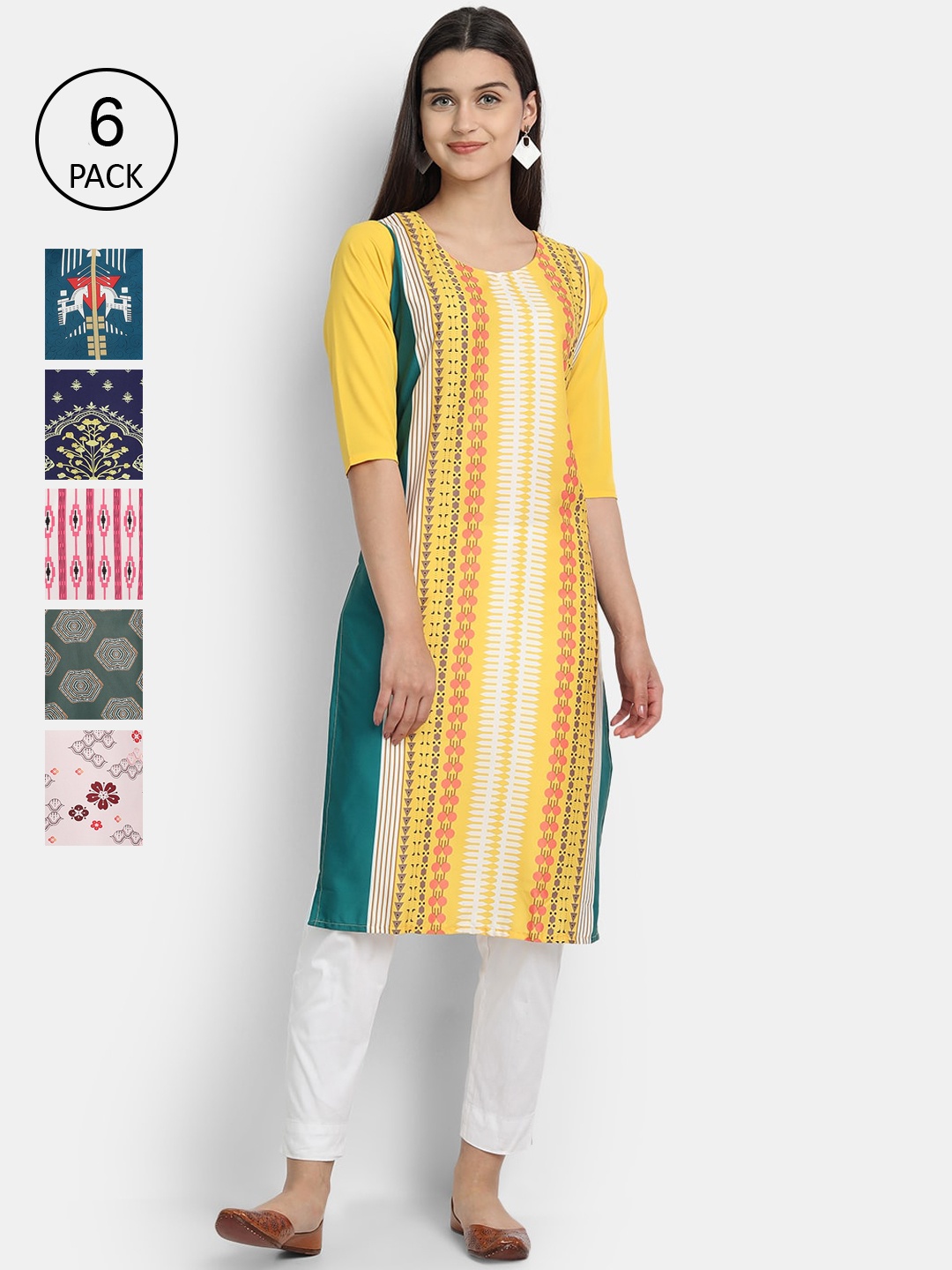

7Threads Women Pack Of 6 Printed Crepe Kurta, Yellow