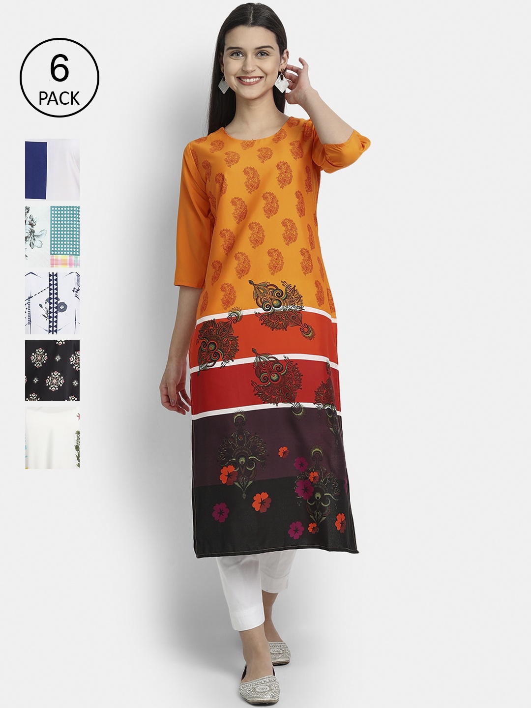 

7Threads Women Pack of 6 Ethnic Motifs Printed Crepe Kurta, White