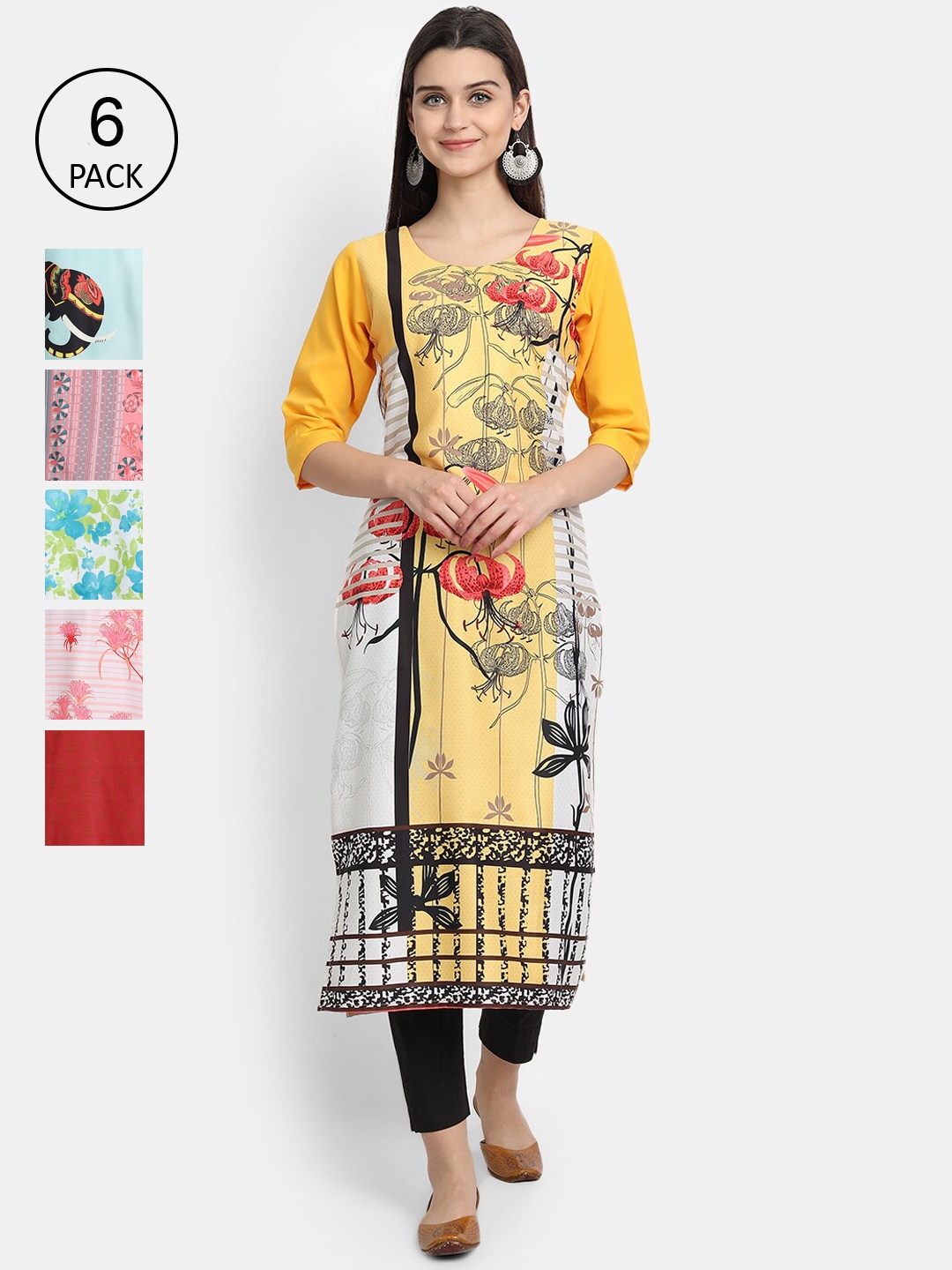 

7Threads Women Pack Of 6 Printed Crepe Kurtas, Yellow