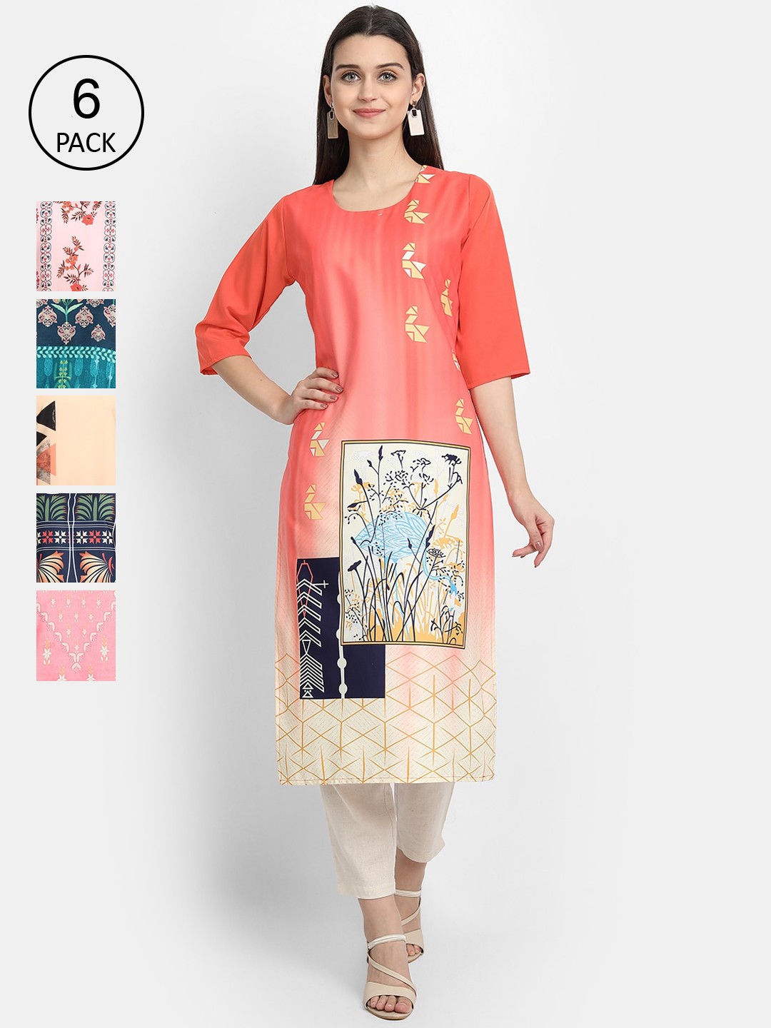 

7Threads Women Pack of 6 Multicoloured Printed Crepe Straight Kurtas, Multi
