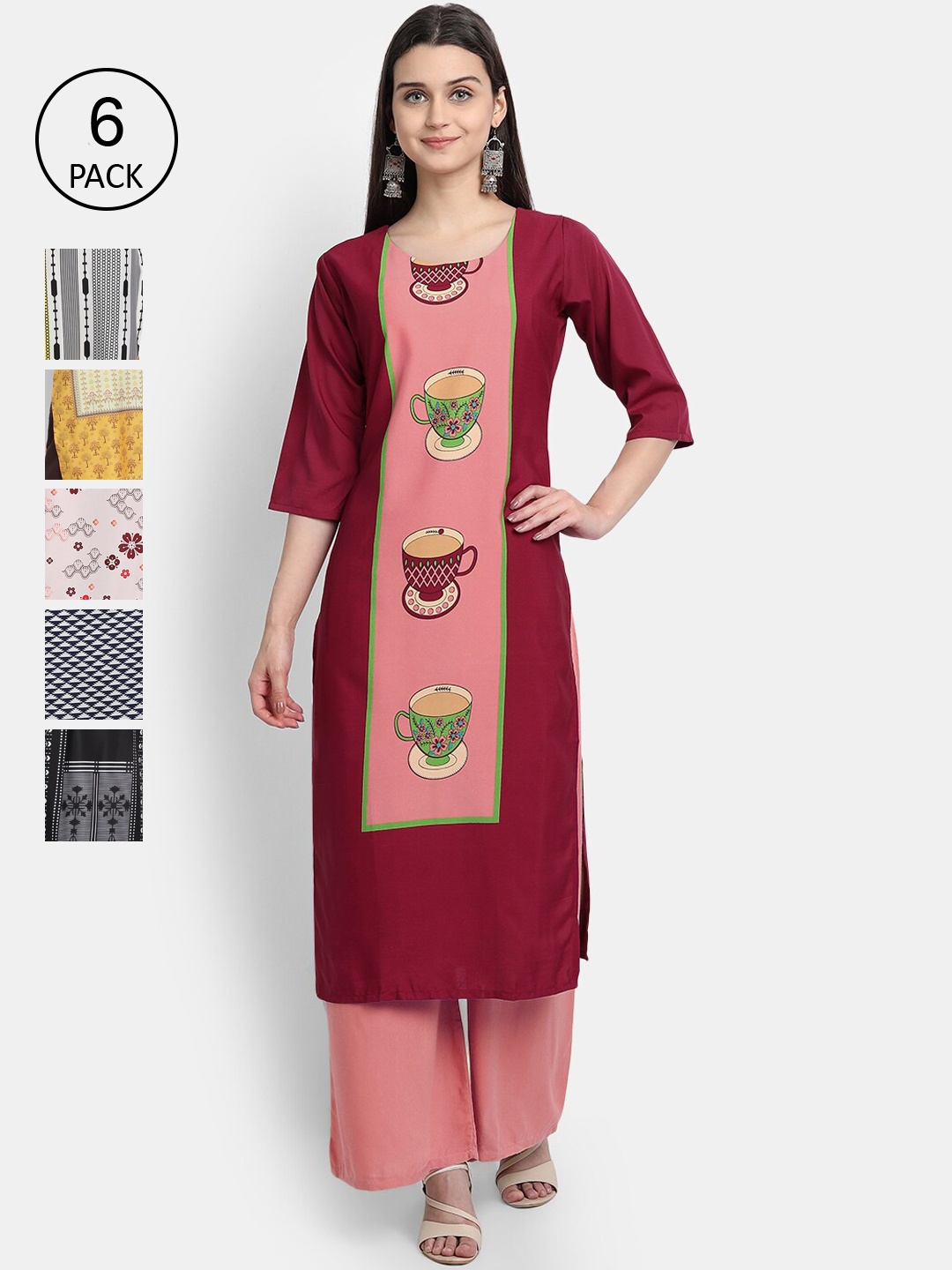 

7Threads Women Pack Of 6 Printed Crepe Kurta, Maroon