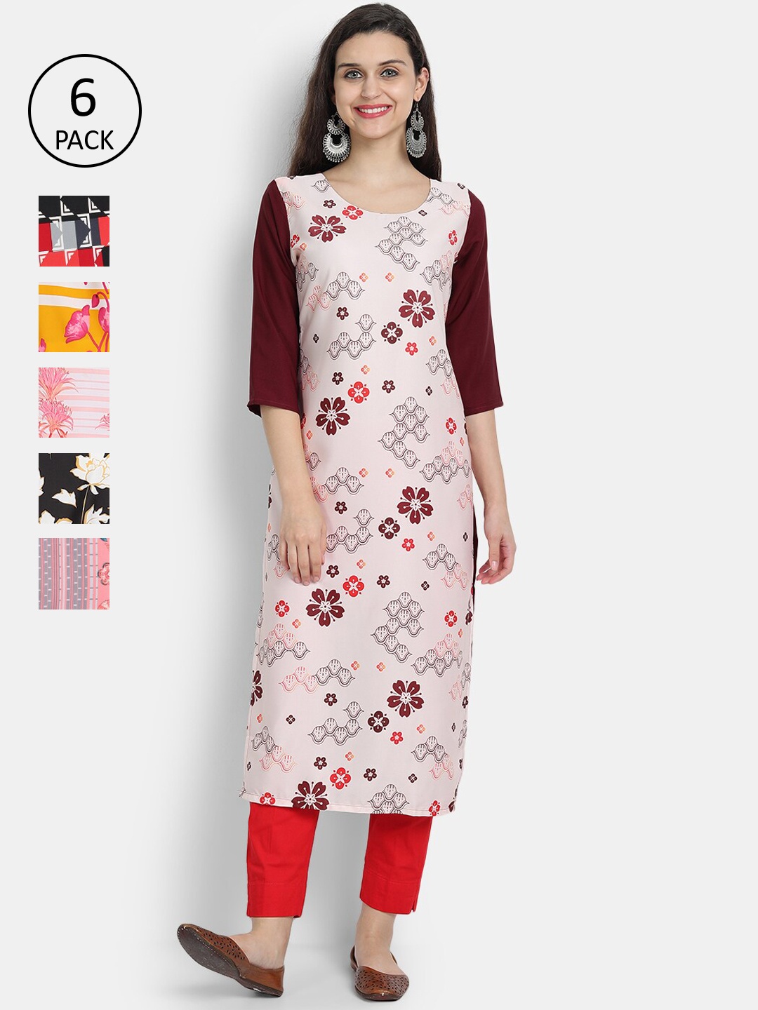 

7Threads Women Pack of 6 Floral Printed Crepe Kurta, Pink