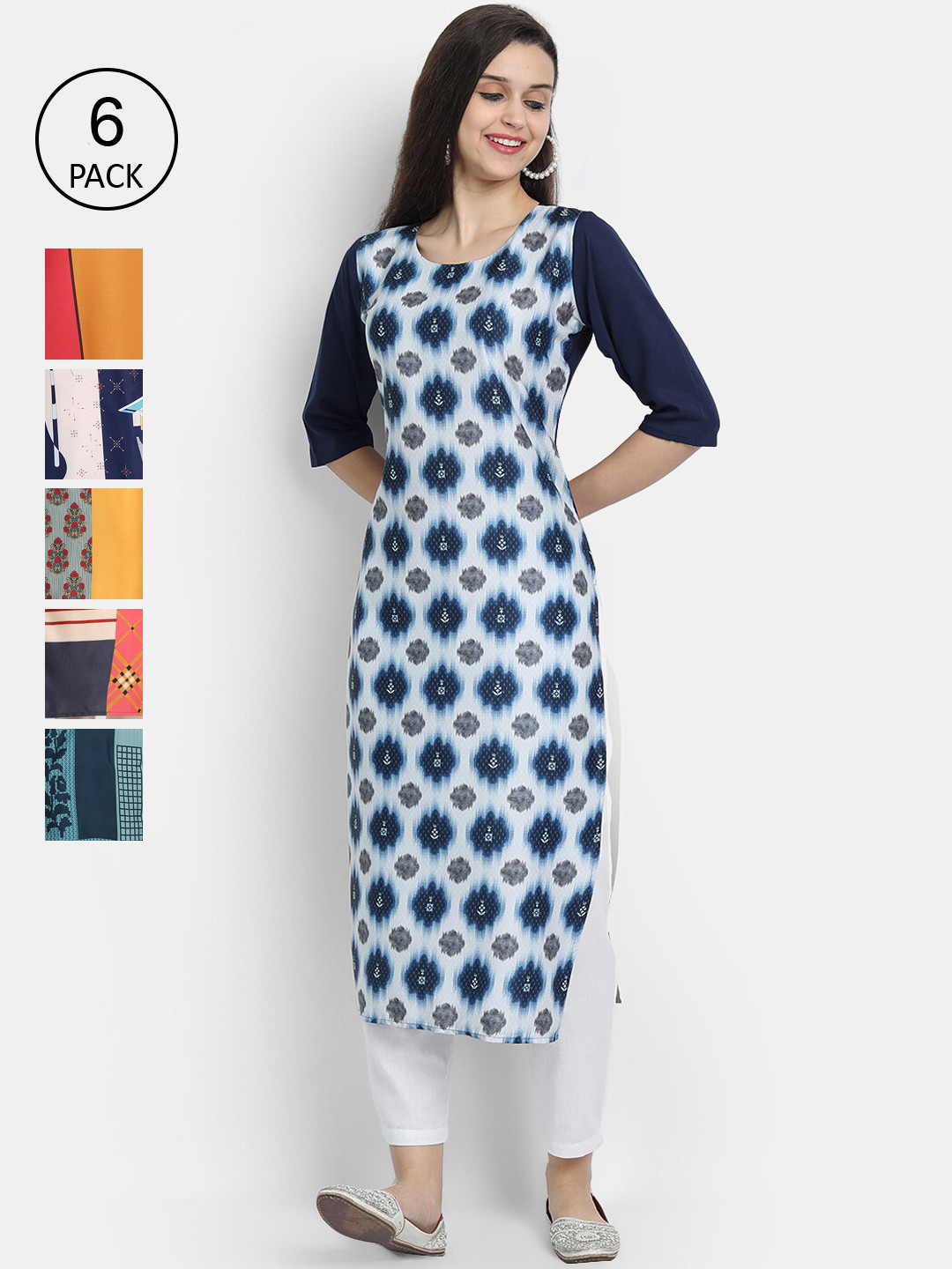 

7Threads Women Pack Of 6 Multicoloured Ethnic Motifs Printed Crepe Kurta, Multi