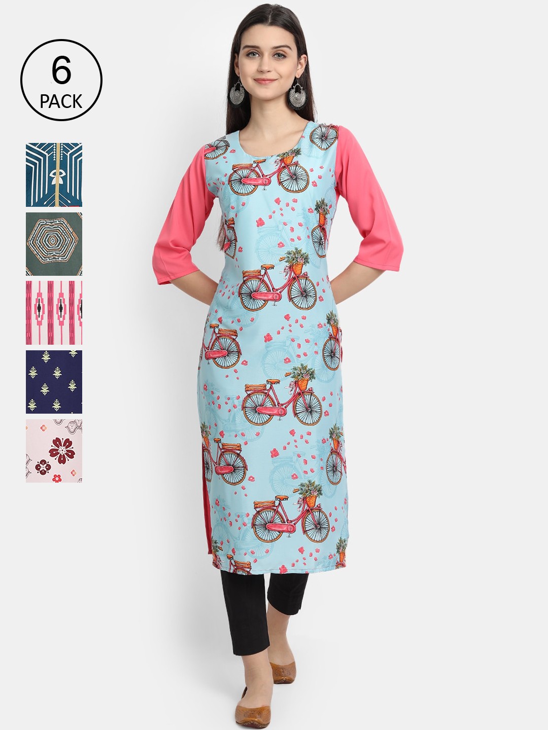 

7Threads Women Pack Of 6 Printed Crepe Kurtas, Blue