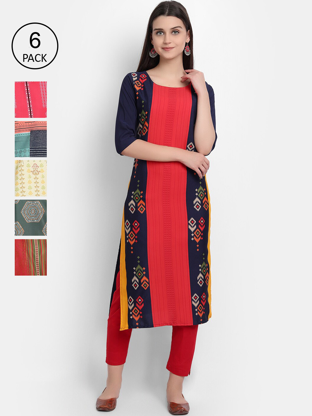 

7Threads Women Pack of 6 Multicoloured Printed Crepe Straight Kurtas, Multi