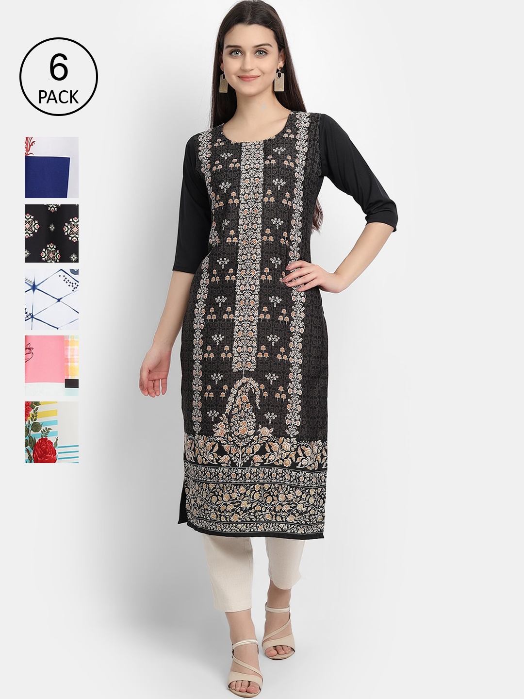

7Threads Women Pack of 6 Printed Crepe Kurta, Multi