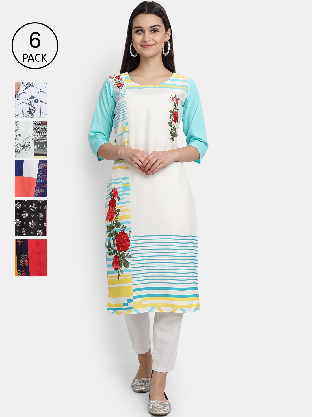 

7Threads Women Pack Of 6 Ethnic Motifs Printed Crepe Kurta, Blue
