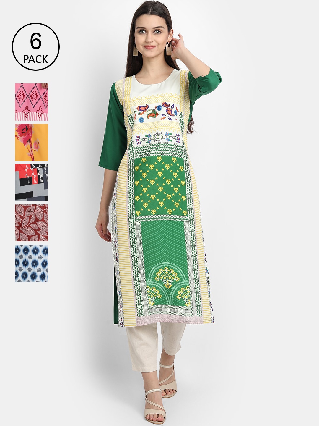 

7Threads Women Pack of 6 Ethnic Motifs Printed Crepe Kurta, Green