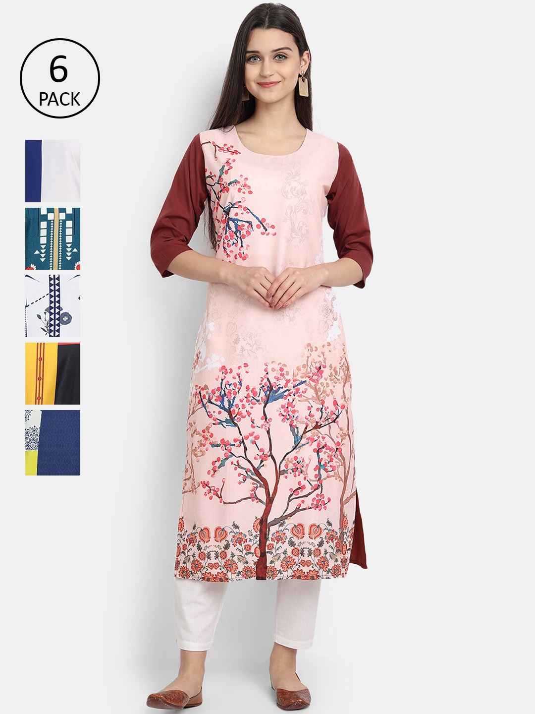 

7Threads Women Pack Of 6 Printed Crepe Kurtas, Pink
