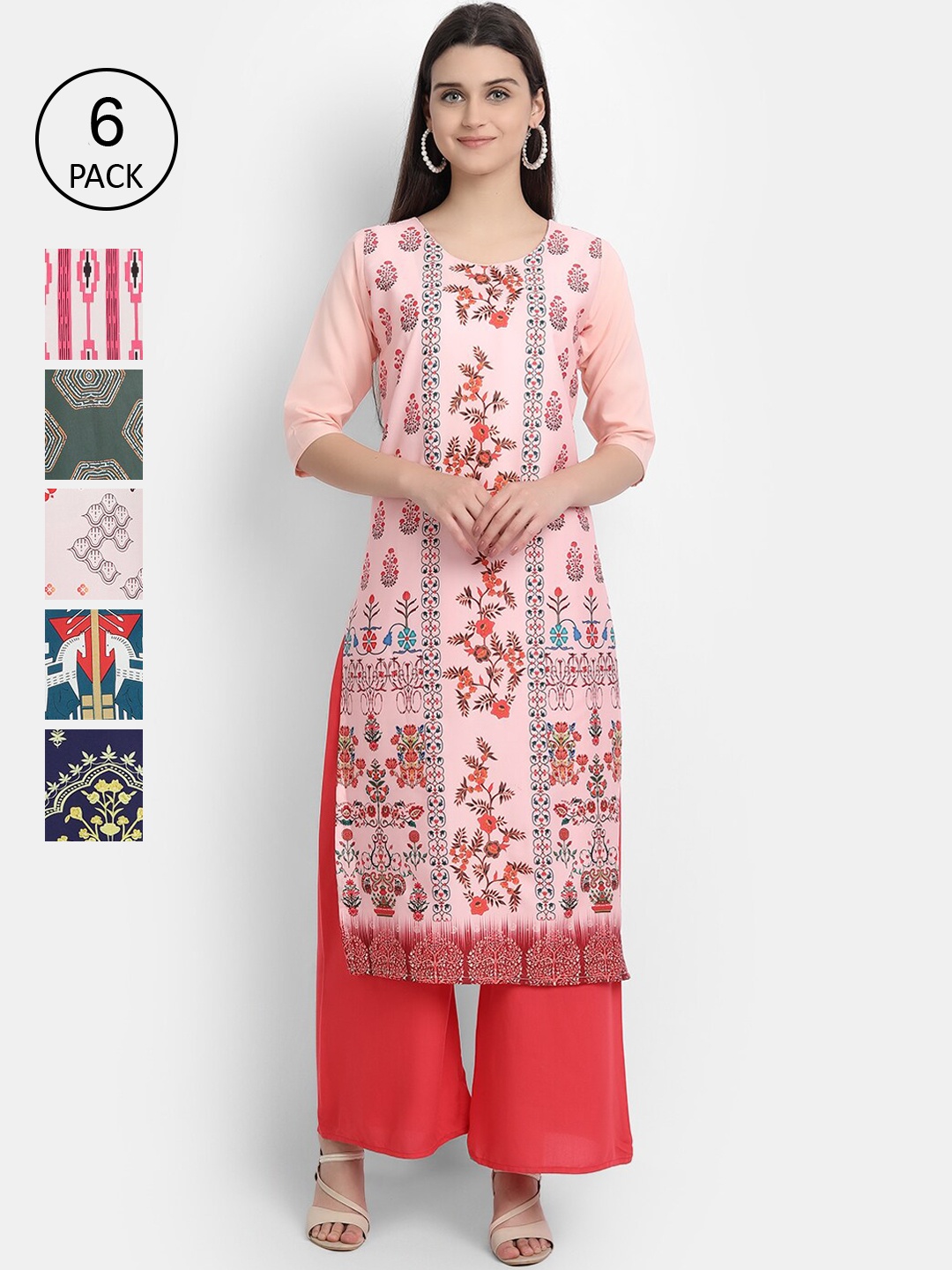 

7Threads Women Pack of 6 Multicoloured Printed Crepe Straight Kurta, Multi