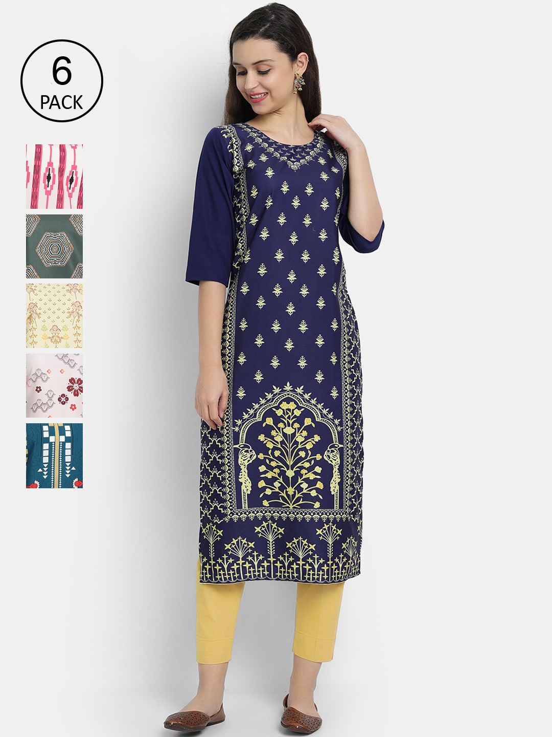

7Threads Women Pack Of 6 Printed Crepe Kurta, Blue