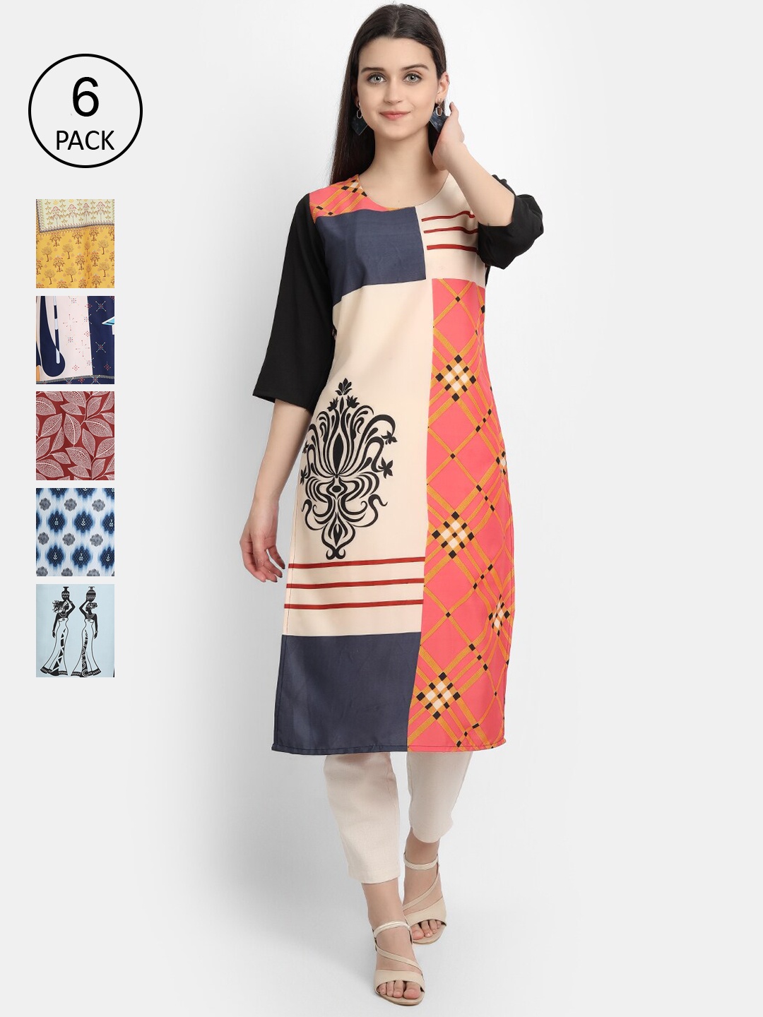 

7Threads Women Pack Of 6 Ethnic Motifs Printed Crepe Kurta, Yellow