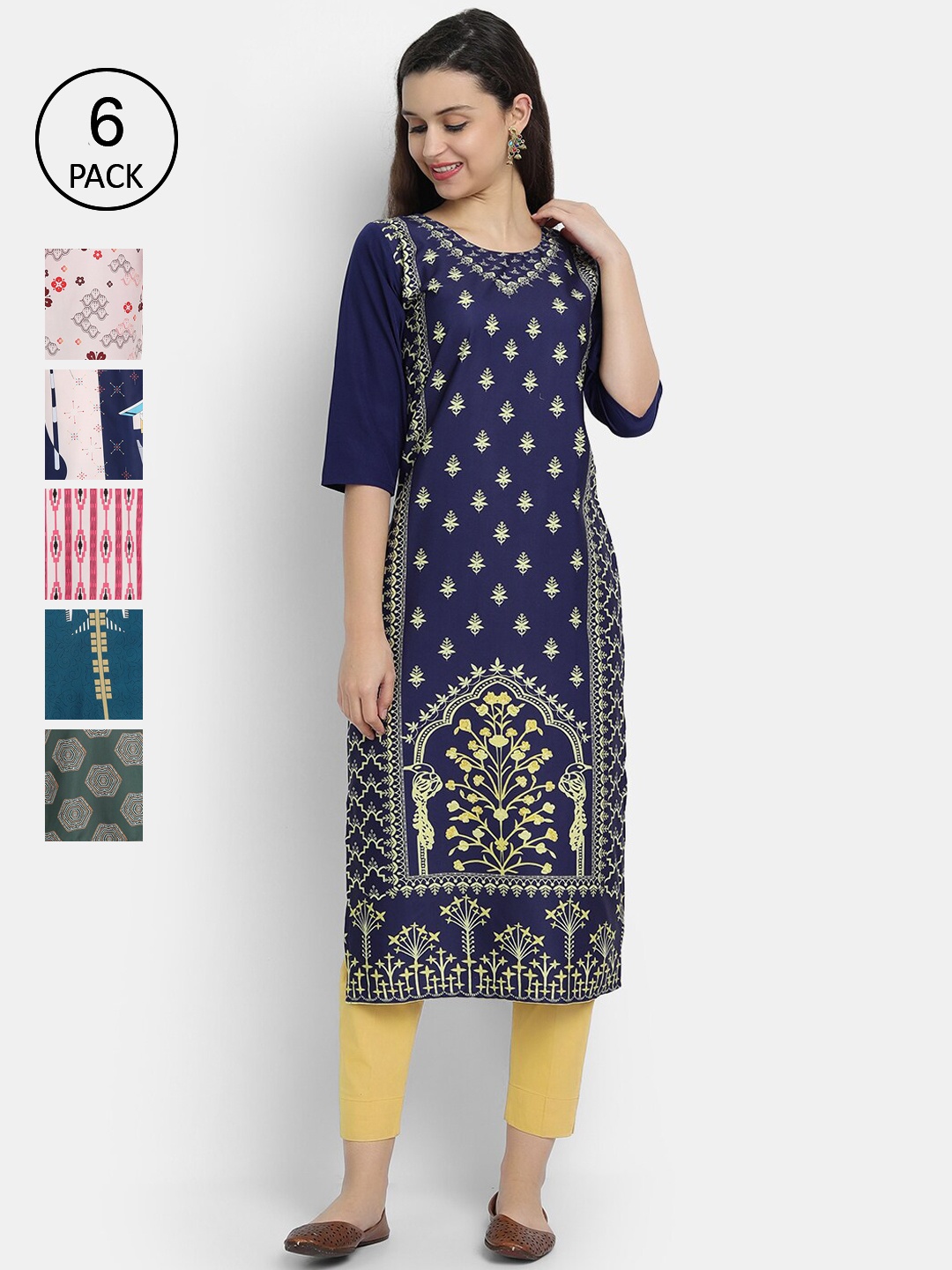 

7Threads Women Pack of 6 Ethnic Motifs Printed Crepe Kurta, Blue