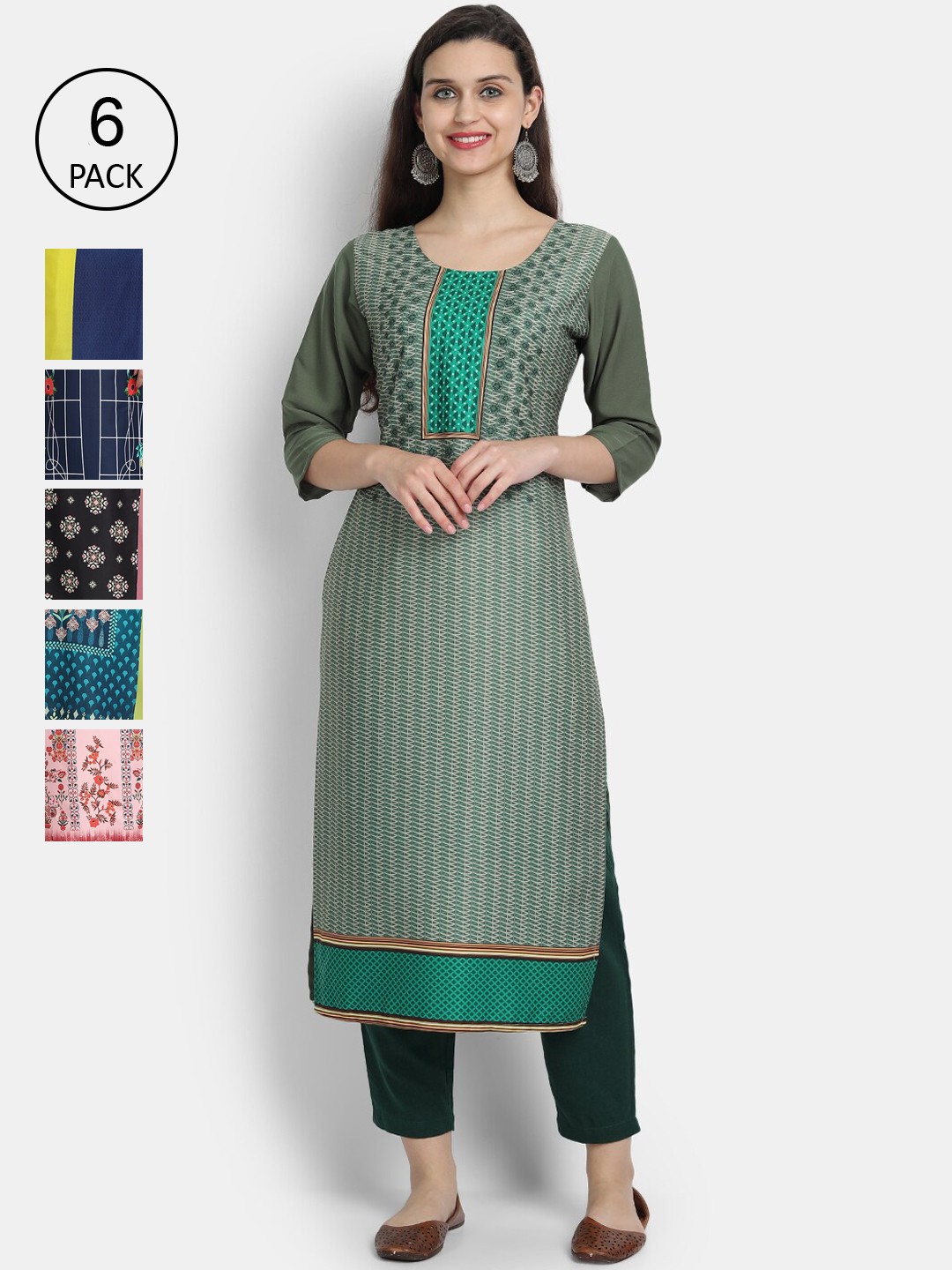 

7Threads Women Pack Of 6 Multicoloured Ethnic Motifs Printed Crepe Kurta, Multi