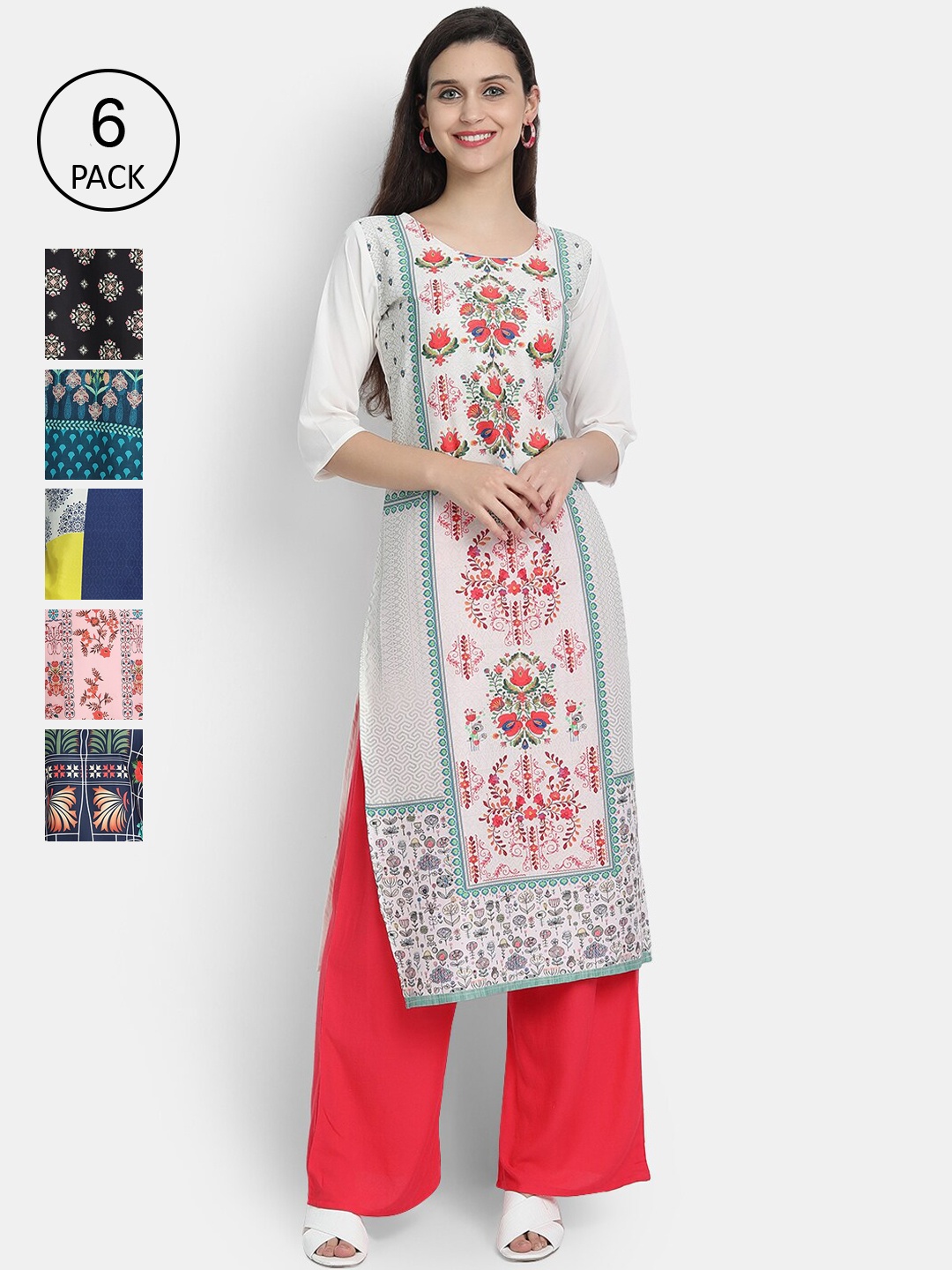 

7Threads Women Pack Of 6 Printed Crepe Kurtas, White