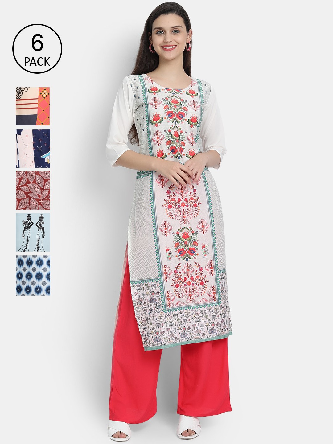 

7Threads Women Pack of 6 Multicoloured Printed Crepe Straight Kurta, Multi