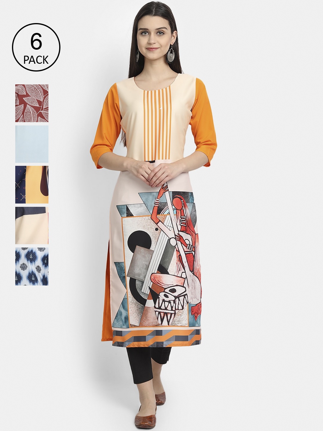 

7Threads Woman Pack of 6 Multicoloured Floral Printed Crepe Kurta, Multi