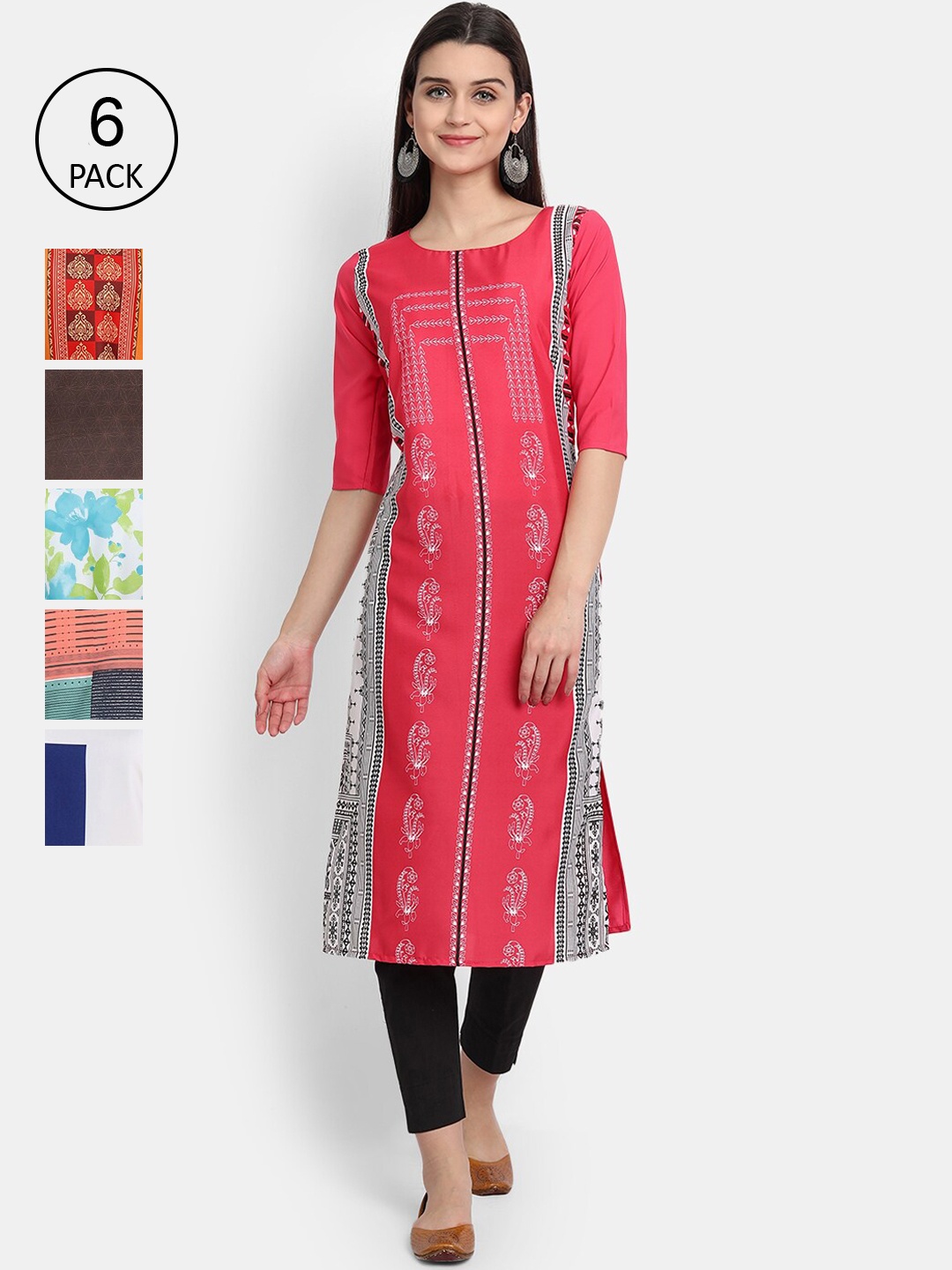 

7Threads Women Pack of 6 Printed Crepe Kurta, Multi