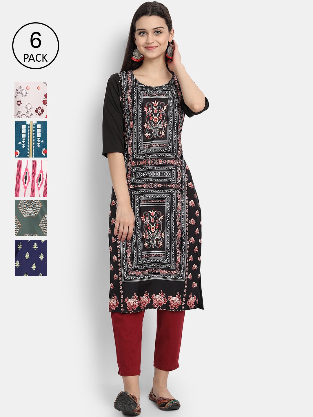 

7Threads Women Pack Of 6 Printed Crepe Kurta, Black