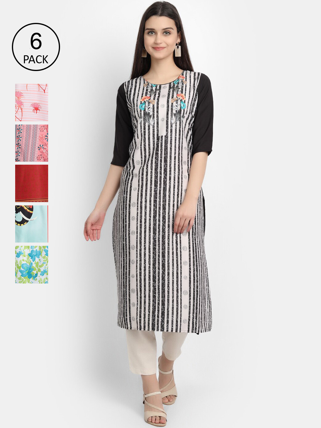 

7Threads Women Pack Of 6 Printed Crepe Kurta, Red