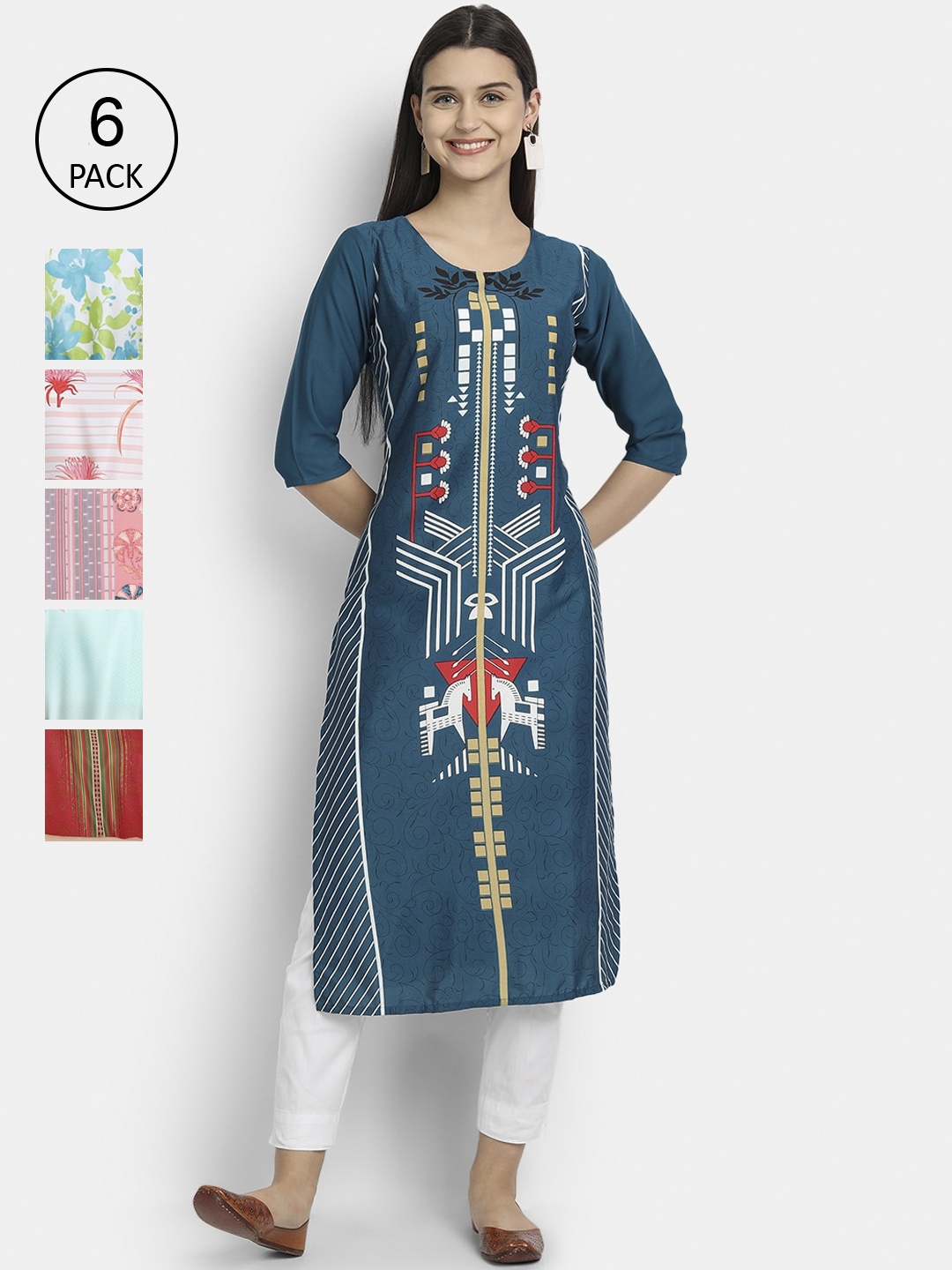 

7Threads Women Pack of 6 Geometric Printed Crepe Kurta, Blue