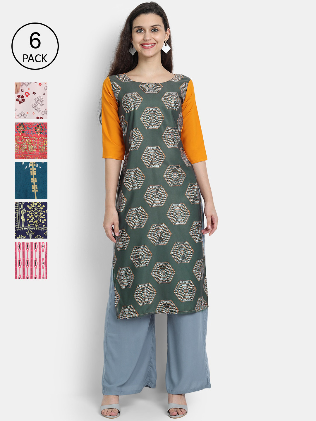 

7Threads Women Pack Of 6 Printed Crepe Kurtas, Green