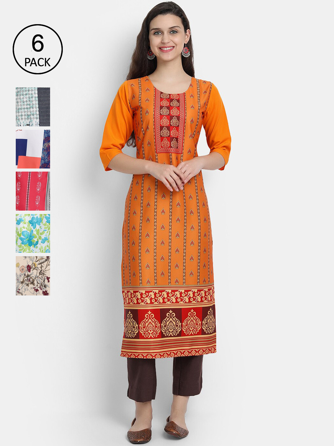 

7Threads Women Pack of 6 Multicoloured Printed Crepe Straight Kurta, Multi