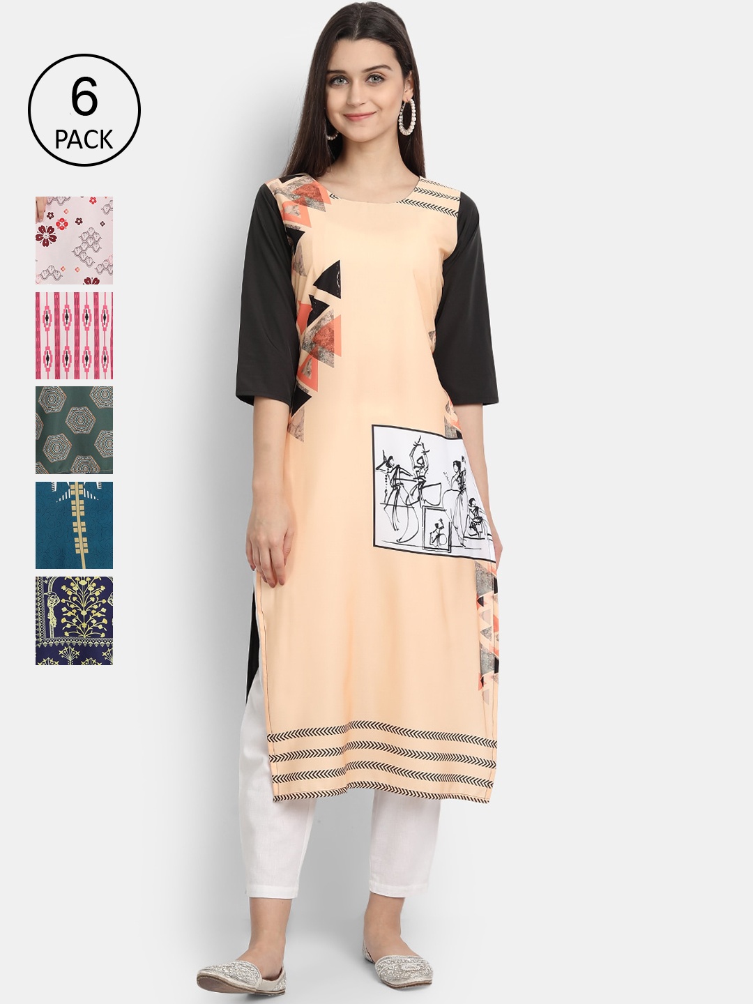 

7Threads Woman Pack of 6 Multicoloured Geometric Printed Crepe Kurta, Multi