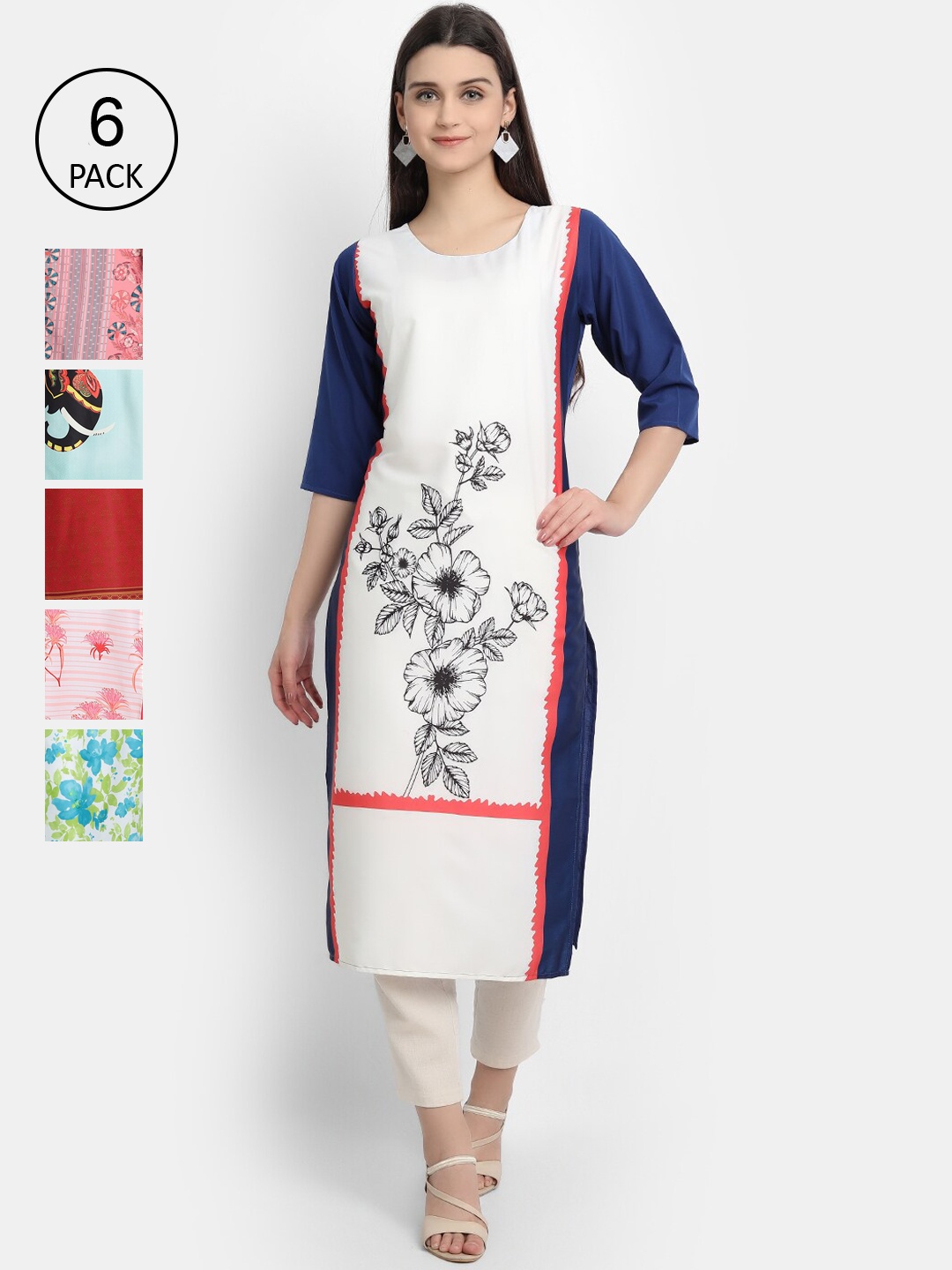 

7Threads Women Pack of 6 Printed Crepe Kurta, Multi