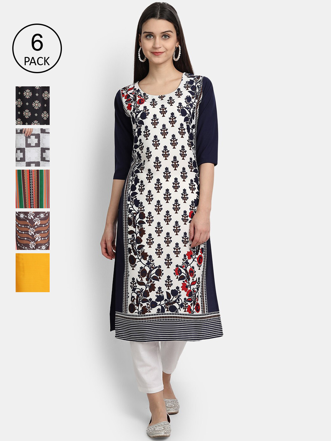 

7Threads Women Pack Of 6 Floral Printed Crepe Kurta, Yellow