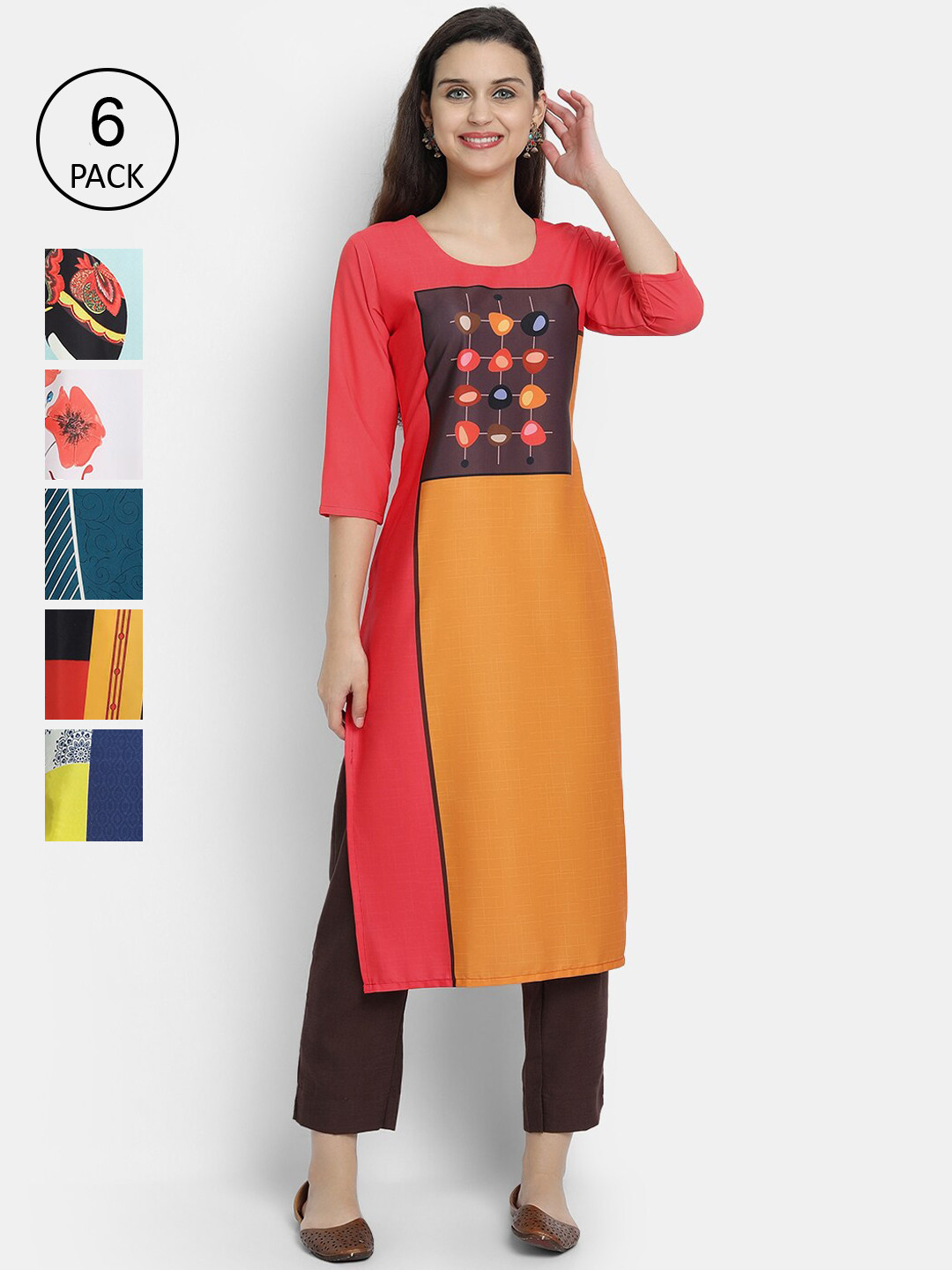 

7Threads Women Pack Of 6 Multicoloured Printed Crepe Kurta, Multi