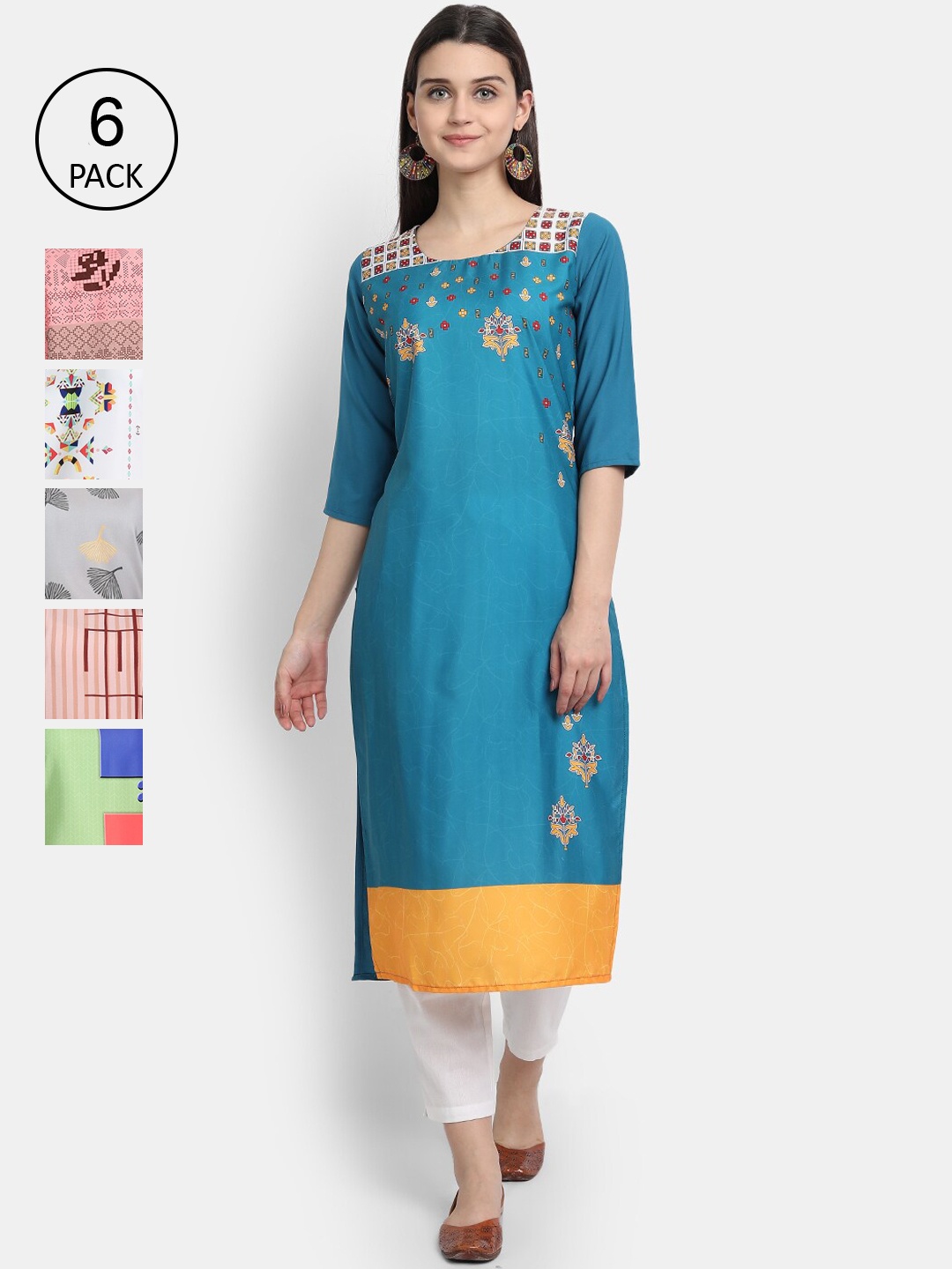 

7Threads Women Pack Of 6 Printed Crepe Kurtas, Blue