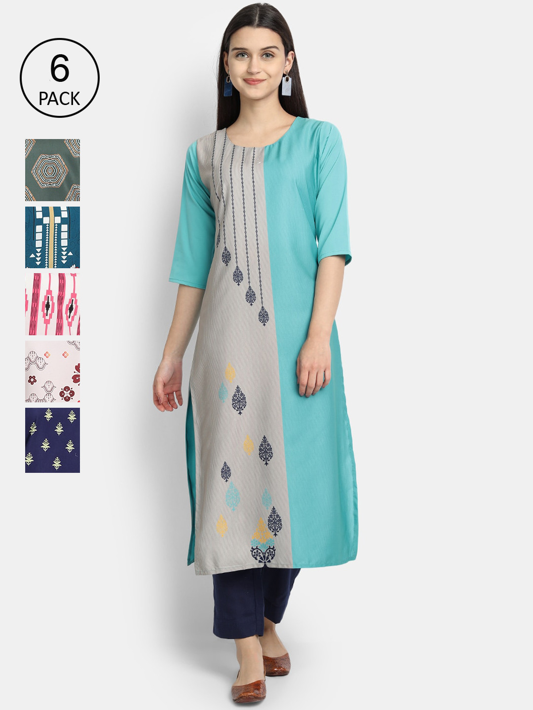 

7Threads Women Pack of 6 Multicoloured Printed Crepe Straight Kurta, Multi