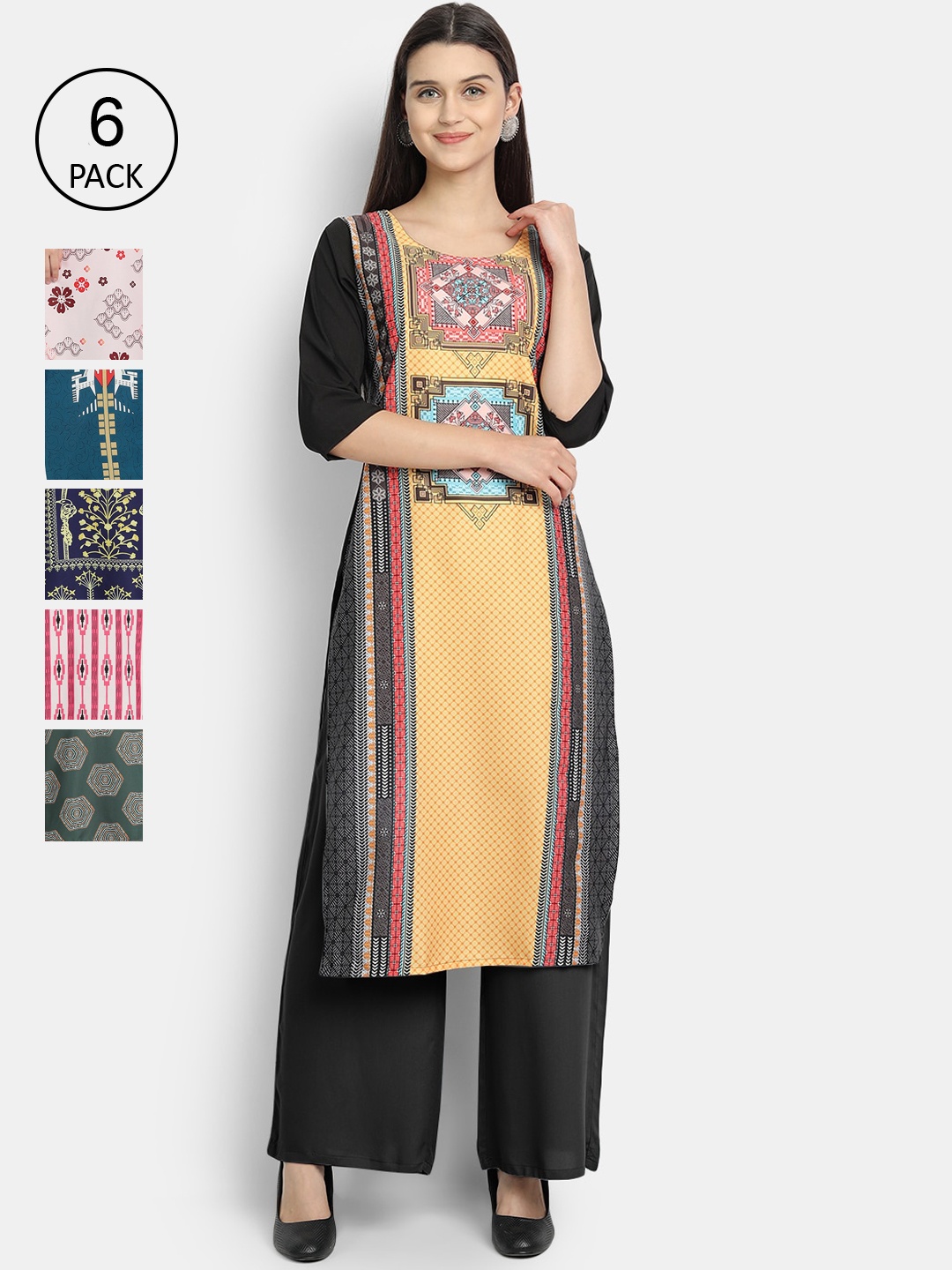 

7Threads Women Pack of 6 Printed Crepe Kurta, Multi